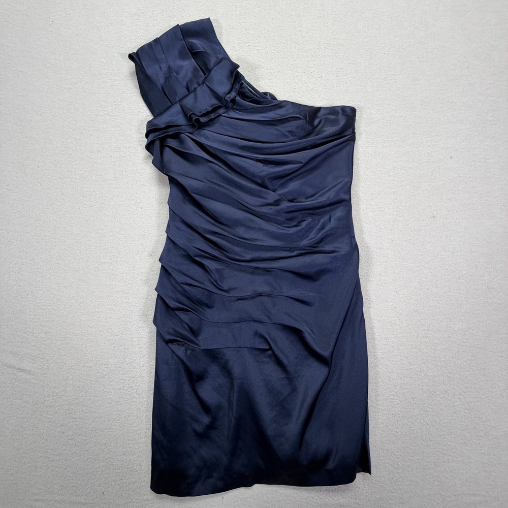 Express One Shoulder Dress Womens 2 Good Navy Blue Ruched Satin Cocktail Dress